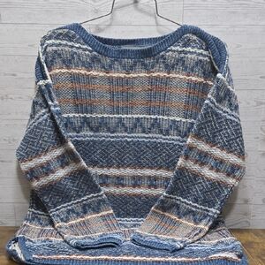 Women's Blue and Brown Patterned Crew Neck Sweater